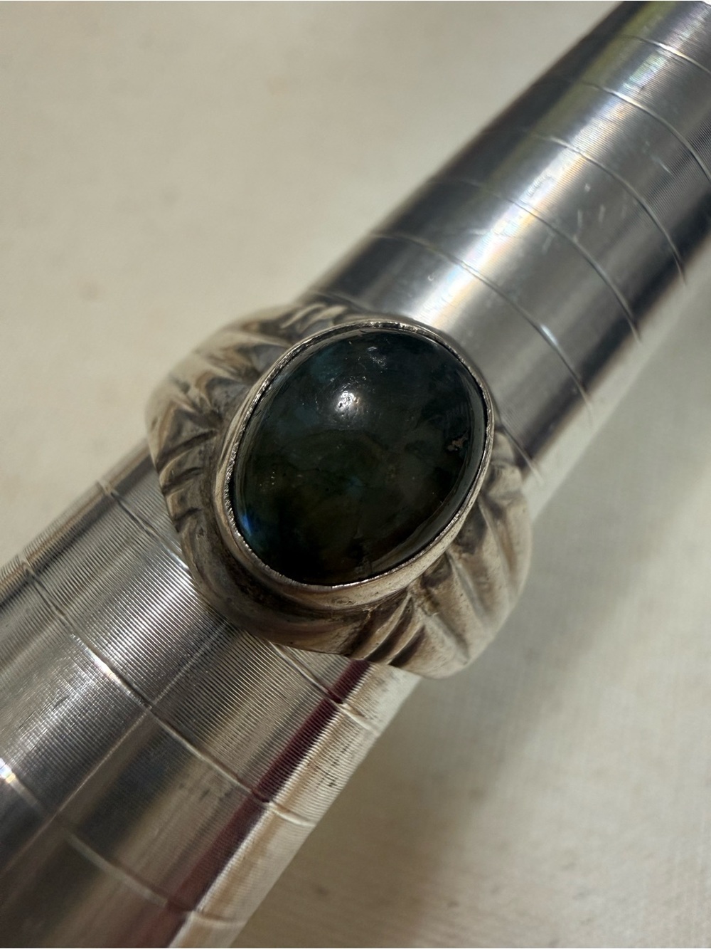 Sterling Silver 925 ring with Dark Green Labradorite Cabochon size 9.25